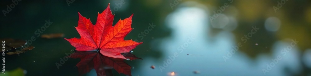 Naklejka premium Crimson red maple leaf floating on a still pond surface, crimson, serenity, pond
