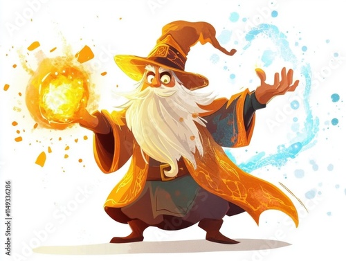 A wizard is holding a glowing ball in his hand. The wizard is wearing a hat and a robe. The scene is set in a fantasy world