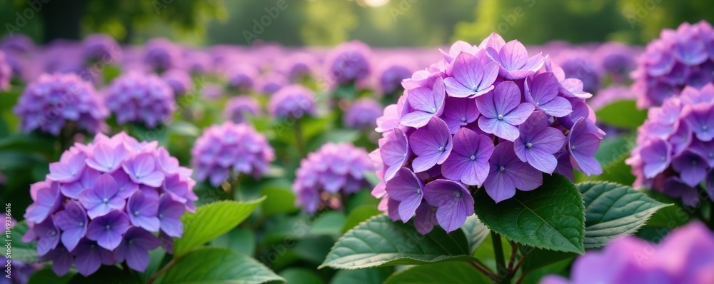 Fototapeta premium Dense field of large purple hydrangea flowers, hydrangea macrophylla, flower meadow