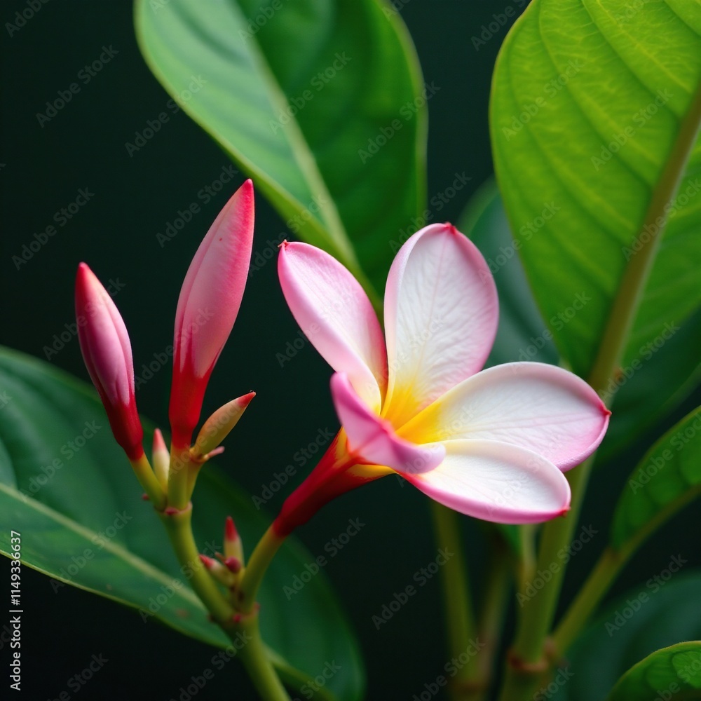 Delicate plumeria petals on a green stem with lush leaves, petals, foliage, leaves Delicate plumeria petals on a green stem with lush leaves, petals, foliage, leaves