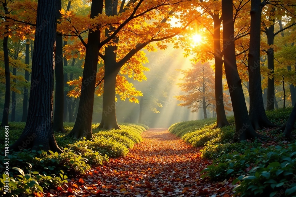 Fototapeta premium Dense foliage with sunlight filtering through the leaves, sunlit woods, forest canopy, autumn forest path
