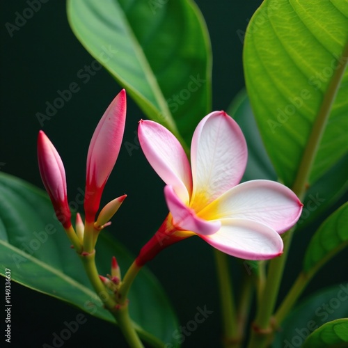 Delicate plumeria petals on a green stem with lush leaves, petals, foliage, leaves