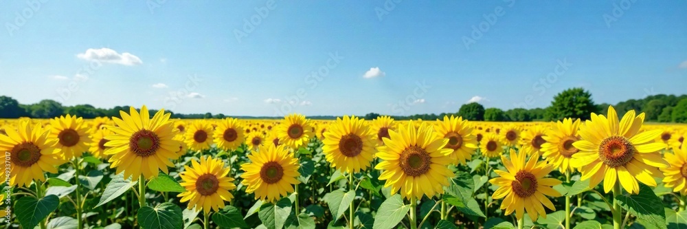 Fototapeta premium Field of big yellow sunflower blossoms under clear blue sky with a few white clouds and a few trees in the background, open field, wild flowers