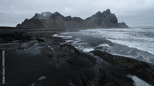 Panoramic view of Vestrahorn mountain with black sand beach and ocean on Stokksnes, Iceland