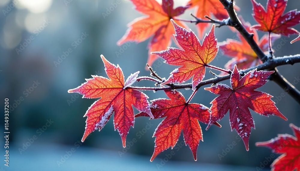 Frost-covered branches and leaves on a maple tree in a garden, frozen foliage, frost, frosty mornings Frost-covered branches and leaves on a maple tree in a garden, frozen foliage, frost, frosty mornings