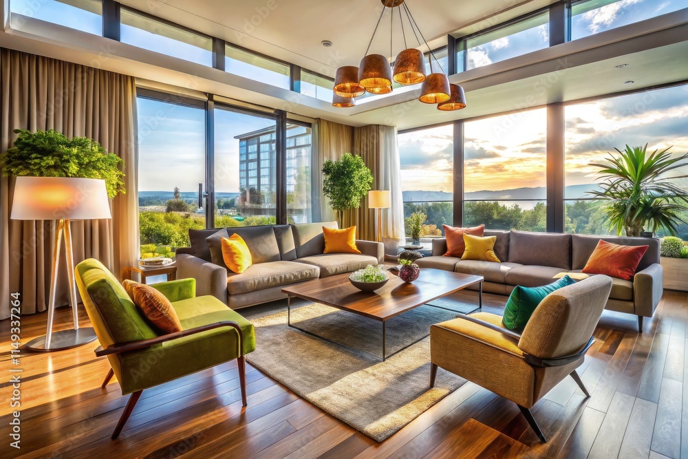Fototapeta premium Modern Living Room Sofa & Armchairs Window View - Interior Design Photography