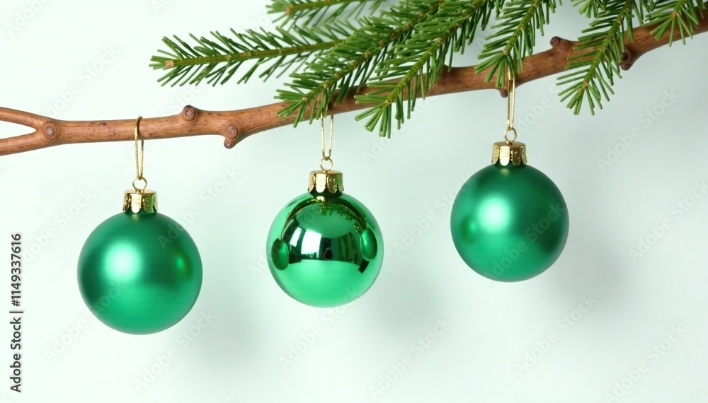 Green glass ornaments hang from a wooden branch on a white background, seasonal decor, festive decoration, winter decor Green glass ornaments hang from a wooden branch on a white background, seasonal decor, festive decoration, winter decor