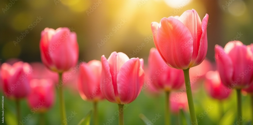 Fototapeta premium Pink tulips swaying gently in the warm sunlight, pink, garden
