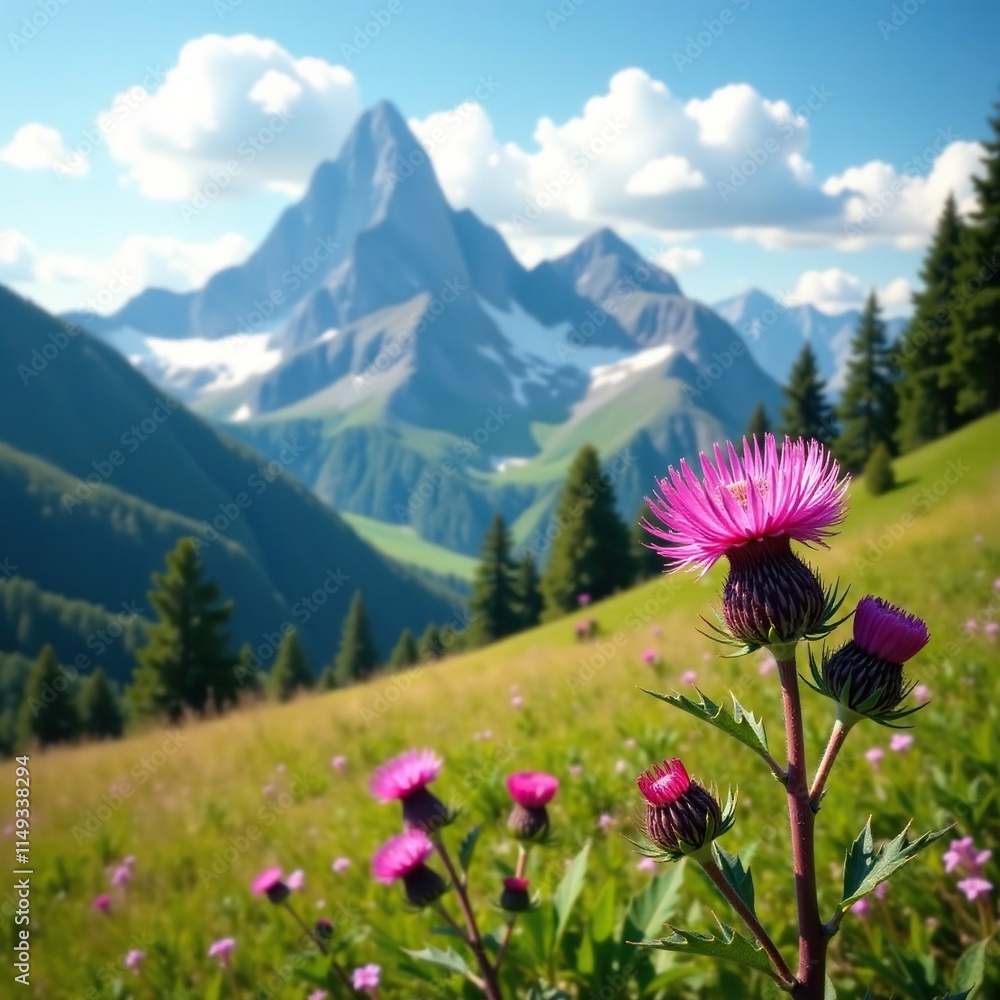 Fototapeta premium Pink thistle against a mountain sky with trees, alpine vegetation, mountain range, pink thistle
