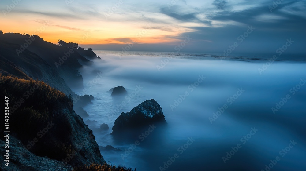 Fototapeta premium Coastal Sunset Landscape: Fog Rolling In