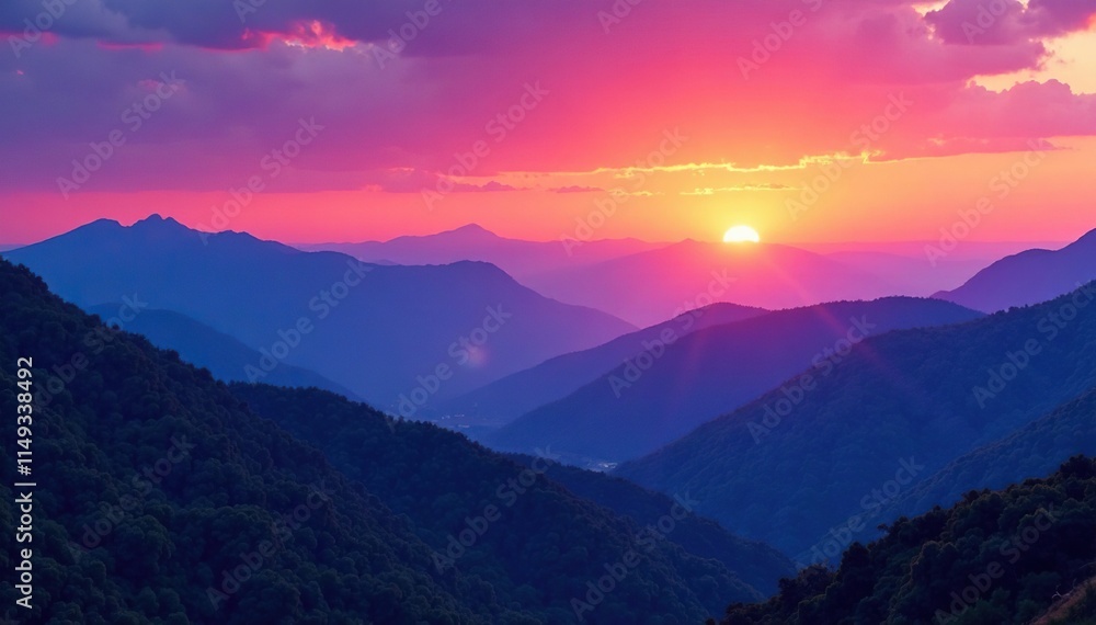 Obraz premium Serene sunset over a rolling mountain range with shades of purple and blue in the sky, sunset, nature