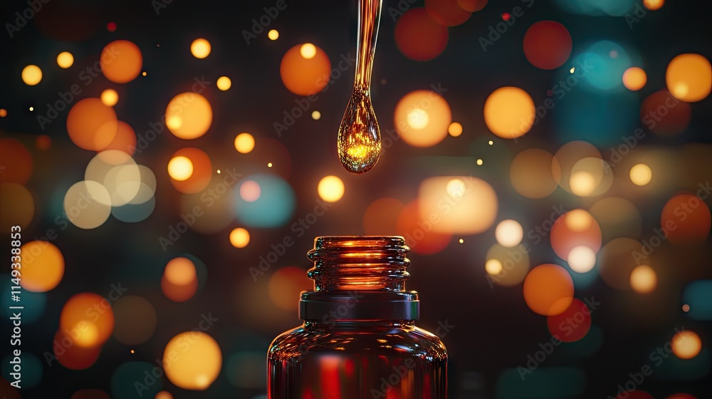 A glowing oil drop falling from a dropper above a brown serum bottle, with blurred bokeh lights. A glowing oil drop falling from a dropper above a brown serum bottle, with blurred bokeh lights.