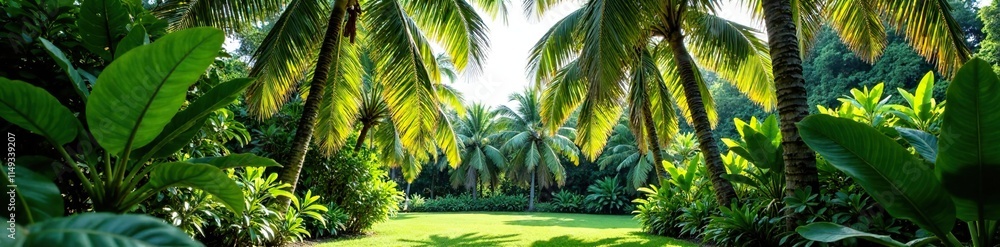 Tall coconut tree in a garden with other trees and plants, nature, outdoor Tall coconut tree in a garden with other trees and plants, nature, outdoor