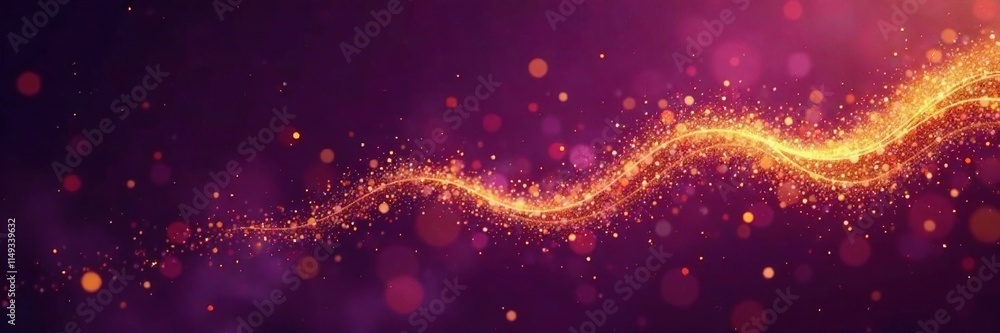 Fototapeta premium Wavy gold dust particles scattered on a dark purple background, luminous dust, golden haze