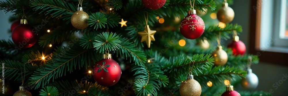 Fototapeta premium A colorful array of ornaments and stars on a large, lush green Christmas tree, decorations, ornaments