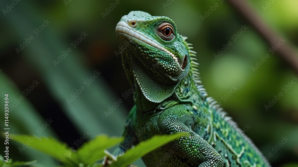 Close-up of a vibrant green lizard in lush foliage. (1) Close-up of a vibrant green lizard in lush foliage. (1)