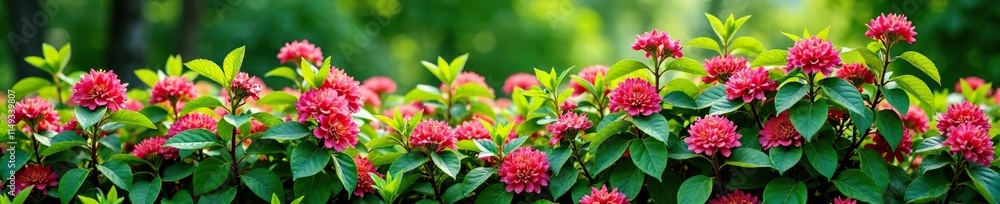 Fototapeta premium A lush barberry bush with vibrant green foliage and pink flowers, view, outdoor, beautiful gardens