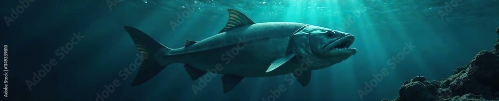 Obraz premium A massive fish lurking in the shadows beneath the surface, dark, underwater