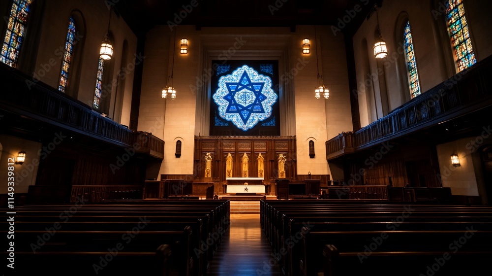 Obraz premium Empty church interior with stained glass window.
