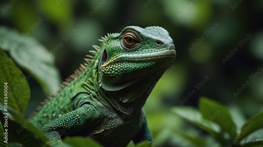 Close-up of a vibrant green lizard amidst lush foliage. Close-up of a vibrant green lizard amidst lush foliage.