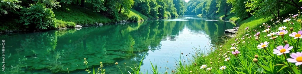 Blue green algae-covered riverbank with lush vegetation and flowers blooming nearby, algae, Dnieper River, water Blue green algae-covered riverbank with lush vegetation and flowers blooming nearby, algae, Dnieper River, water