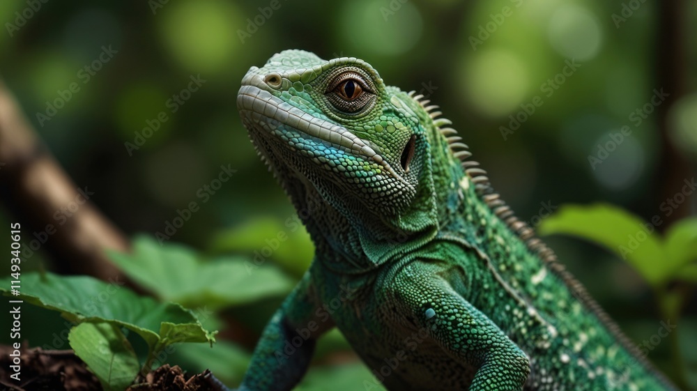 Close-up of a vibrant green lizard perched on a branch. Close-up of a vibrant green lizard perched on a branch.