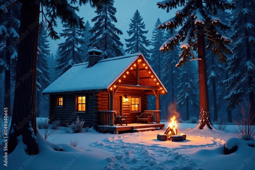 Fototapeta premium Cozy cabin in the woods with festive lights and fire crackling, cabin, serene