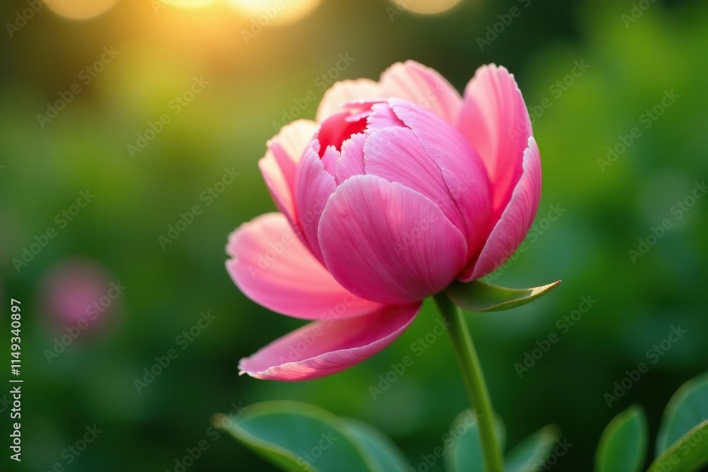 Delicate pink peony bud unfolding in sunlight, gardenlove, greenery Delicate pink peony bud unfolding in sunlight, gardenlove, greenery