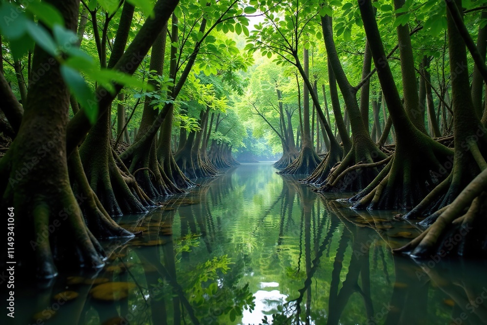Obraz premium Dense mangrove roots tangled in murky river water, mangroves, vegetation