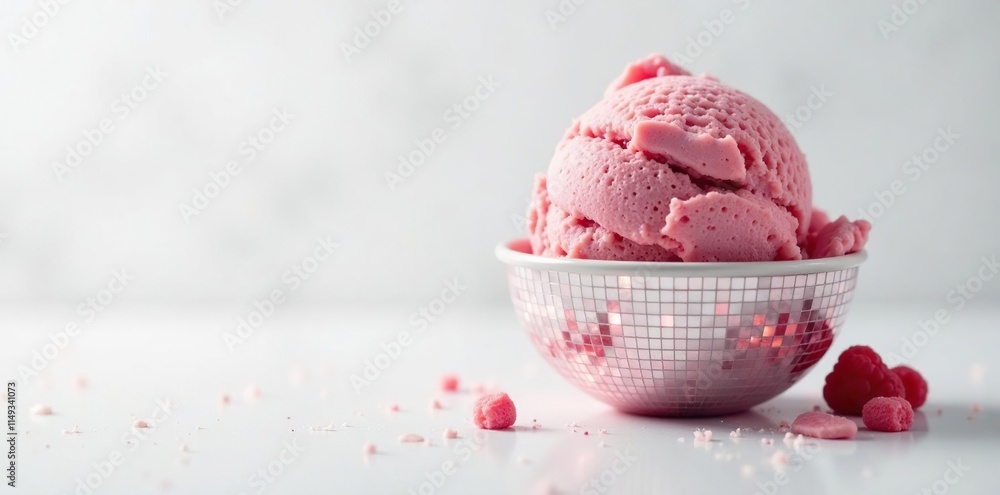 Disco ball ice cream on a white background with reflections, disco ball ice cream, glimmering, shiny Disco ball ice cream on a white background with reflections, disco ball ice cream, glimmering, shiny