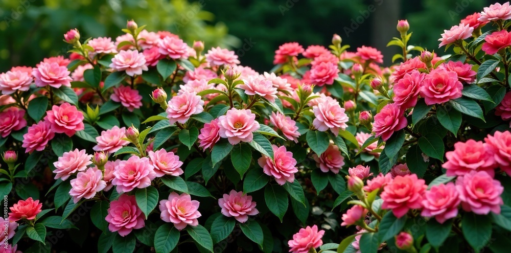 Dense thicket of ornamental shrubs in full bloom, lush foliage, flowering plants, flowering shrubs Dense thicket of ornamental shrubs in full bloom, lush foliage, flowering plants, flowering shrubs