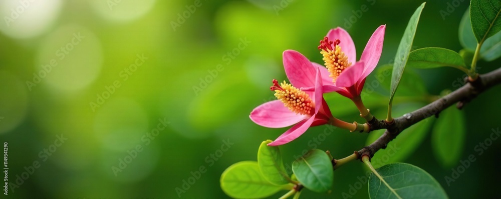 Obraz premium Eucalypt flower on a tree branch with lush greenery surrounding it, botanical, natural