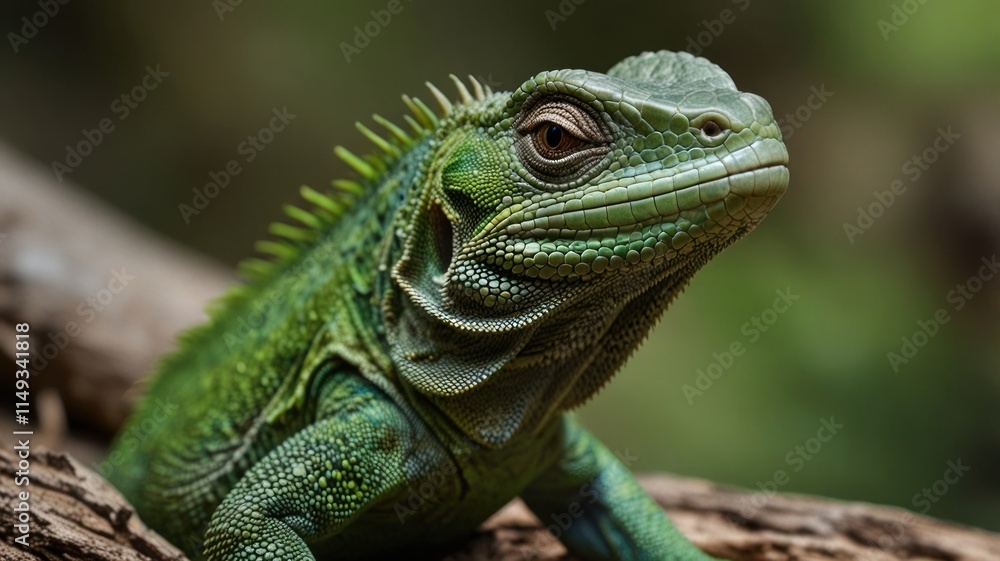 Close-up of a vibrant green iguana resting on a log. Close-up of a vibrant green iguana resting on a log.
