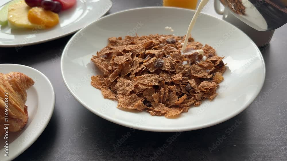 Pouring Milk on Bran Cereal with Raisins Pouring Milk on Bran Cereal with Raisins