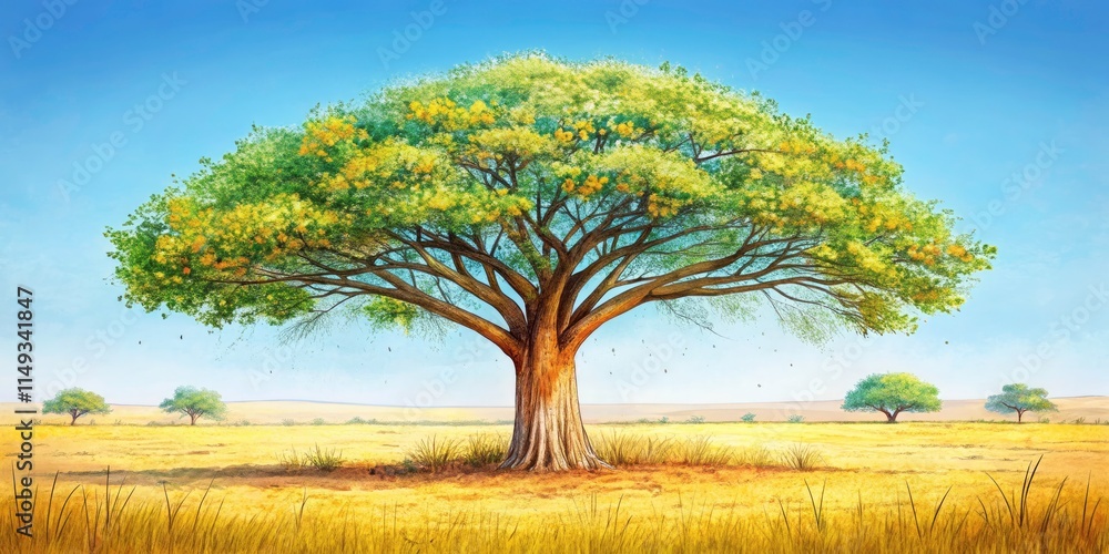 Fototapeta premium Panoramic Marula Tree Line Drawing: Exotic African Travel Postcard Design
