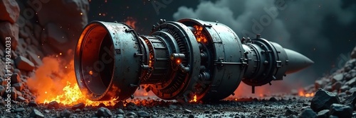 Jet engine reduced to smoldering mangled mass, shrapnel, ash