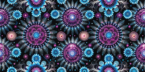 Colorful floral pattern with intricate designs in blue, purple, and pink on a dark background.