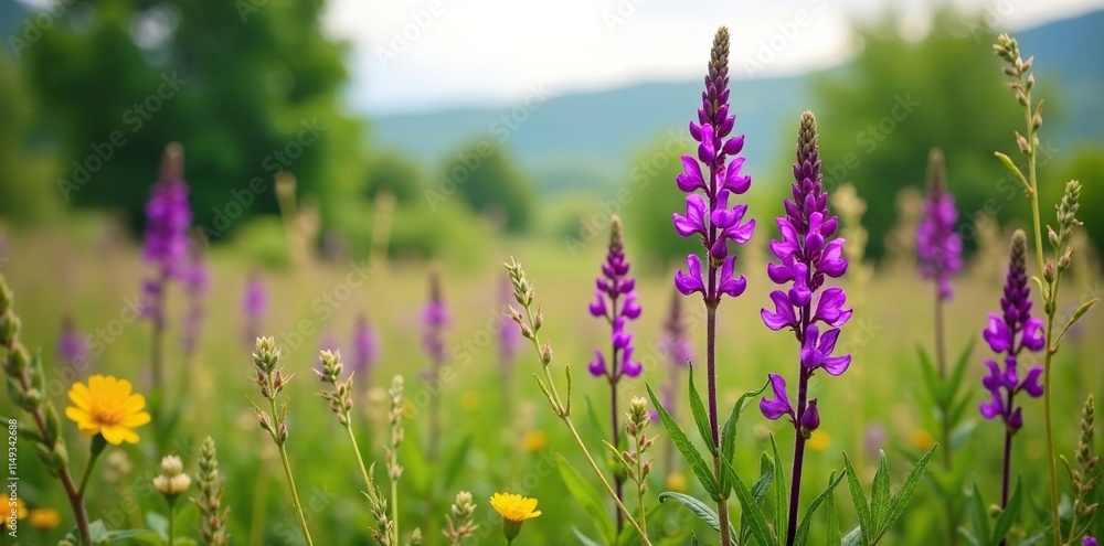 Obraz premium Salvia nemorosa Caradonna Balkan Clary in a field with wildflowers, rustic, flower