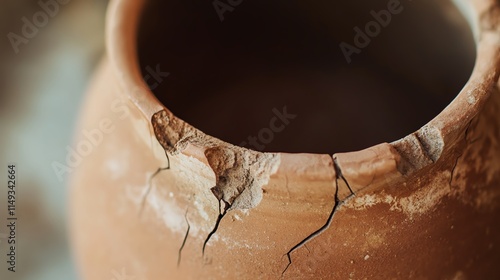 Closeup of cracked clay pottery, raw earthy appeal, texture, artisanal creation and imperfections photo