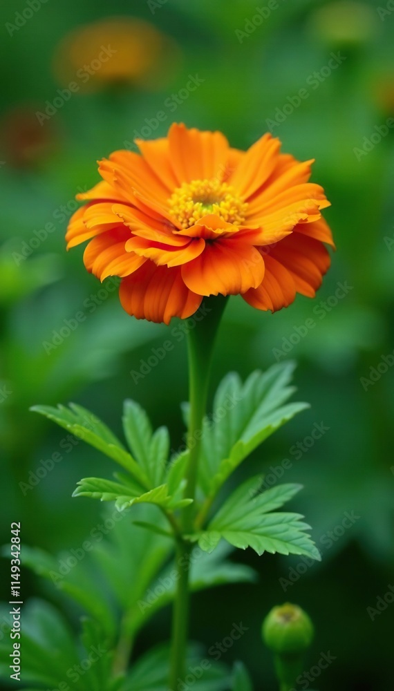 Single orange marigold blossom on a stem amidst green foliage, plant, gardening, leafy greens Single orange marigold blossom on a stem amidst green foliage, plant, gardening, leafy greens