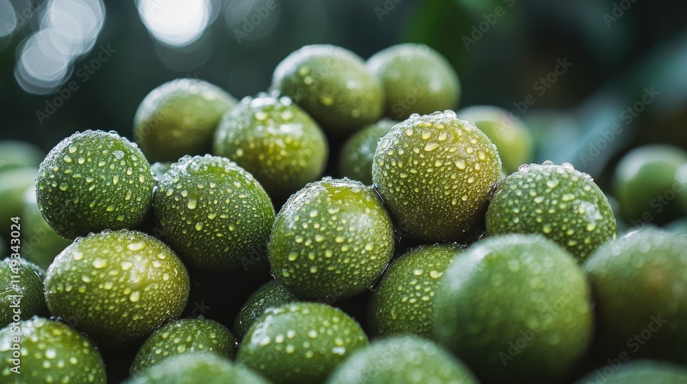 A heap of longans with morning dew on their surfaces, creating a fresh and crisp look.