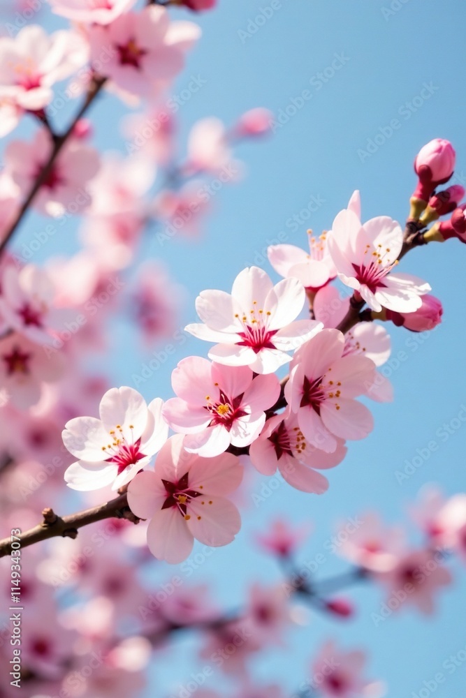 Fototapeta premium Soft focus image of a blooming cherry blossom tree against a clear blue sky, peaceful scene, pink cherry blossoms, natural beauty