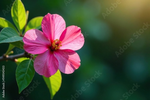 Tabebuia rosea flower on branch with single light source illumination, blossoms, nature, green leaves