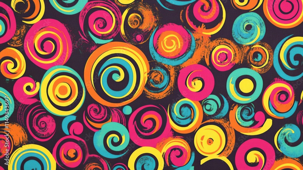 Funky retro swirl pattern in bright neon tones, pattern, vintage and fun energy Funky retro swirl pattern in bright neon tones, pattern, vintage and fun energy