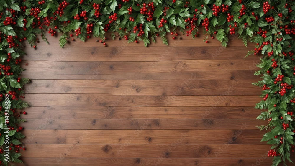 warm brown wooden table background with green garlands and red berries, natural elements, christmas tree branch, woodgrain pattern warm brown wooden table background with green garlands and red berries, natural elements, christmas tree branch, woodgrain pattern