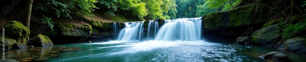 Fototapeta premium Waterfall in the forest background with moving water and foam, natural scenery, water effects, serene atmosphere