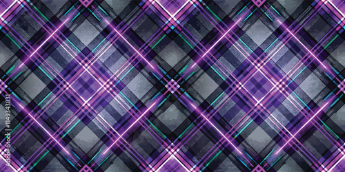A vibrant plaid pattern with striking purple and teal tones, creating a dynamic visual impact.