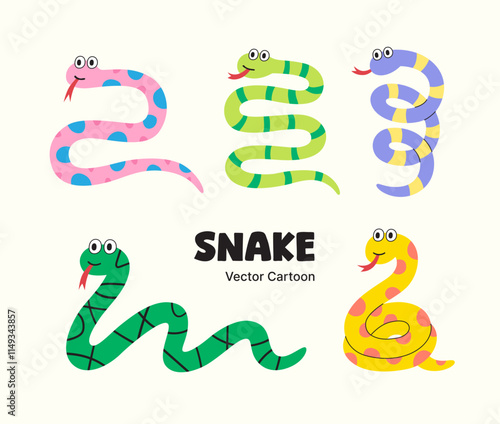 2d vector snake cartoon chracter illustration set, year of the snake, chinese new year, illustration for children book