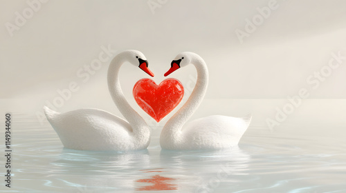 pair of elegant swans forming heart shape with red crystal heart, symbolizing love and romance in serene water setting photo