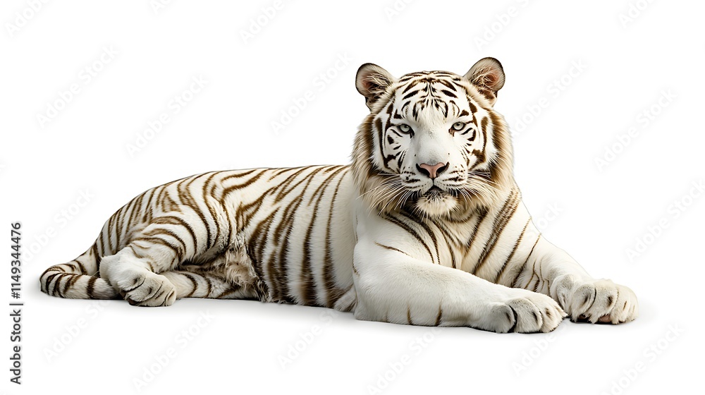 Obraz premium Majestic white tiger lying down, isolated on white background. (4)